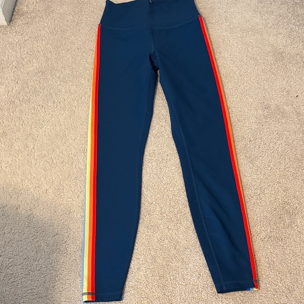 Spiritual Gangster Blue Leggings with Colorful Stripes